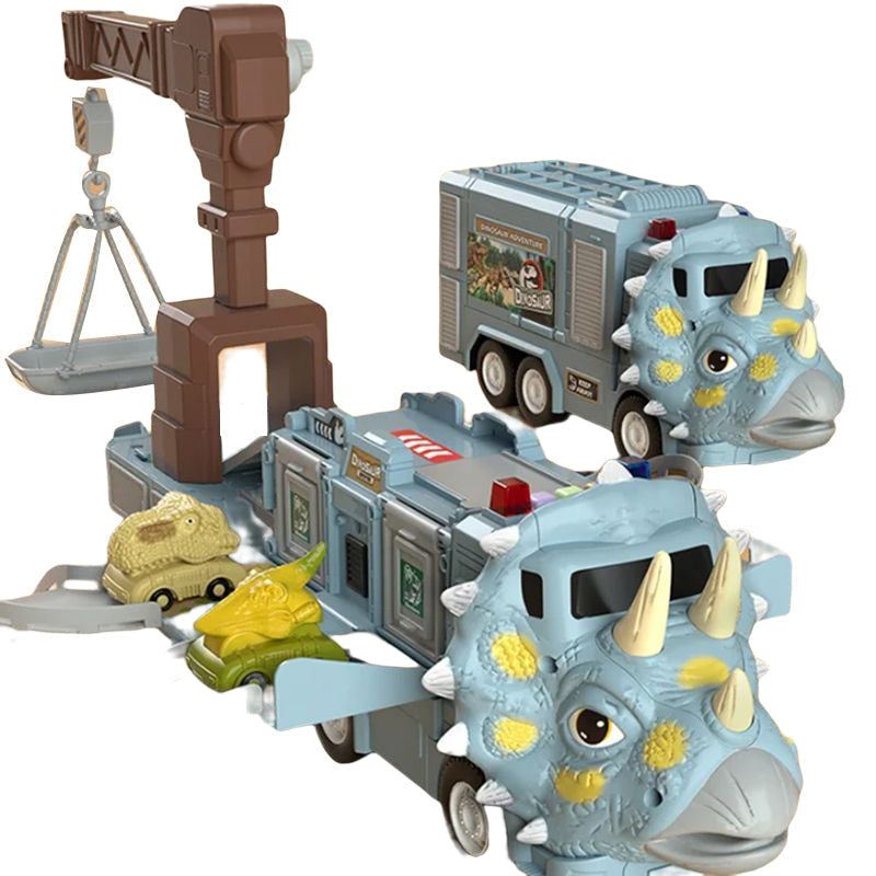 "Färgglad transformerande dinosaurielastbil med ljus och musik, perfekt för barns kreativa och pedagogiska lek."