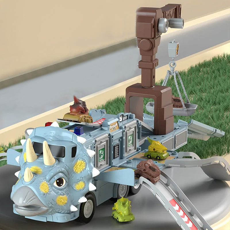 "Färgglad transformerande dinosaurielastbil med ljus och musik, perfekt för barns kreativa och pedagogiska lek."