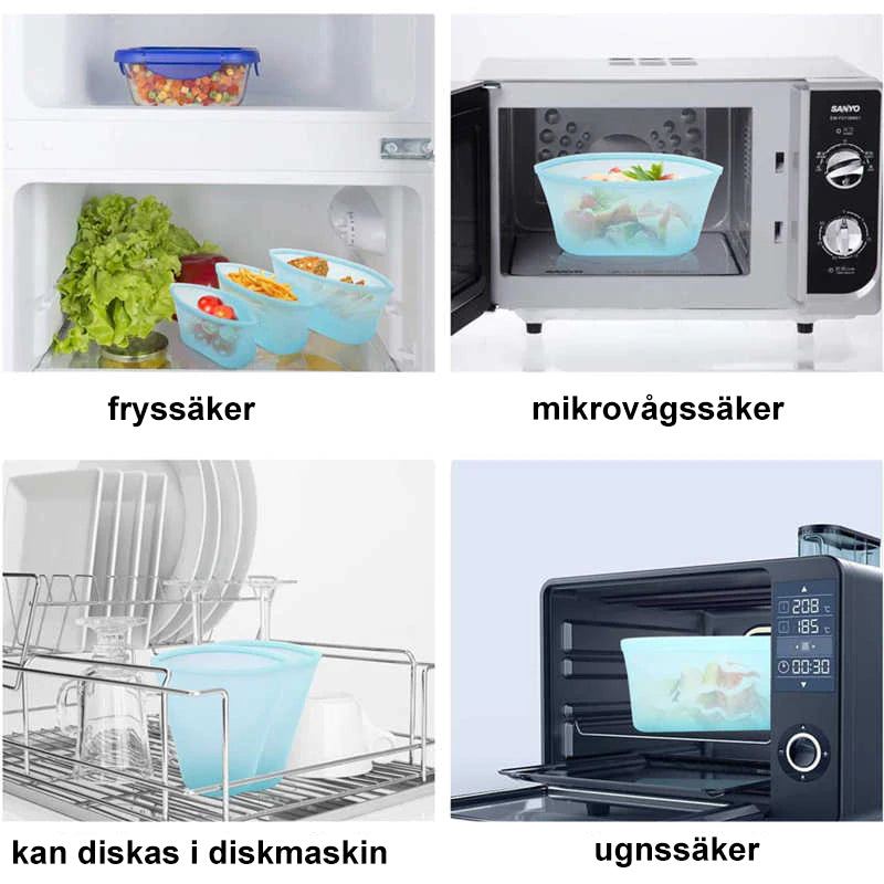 "Färgglada återanvändbara silikon matförvaringspåsar, blå, vit, grå, kökstillbehör"