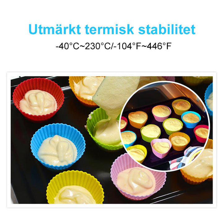 "Färgglada återanvändbara silikonbakkoppar, 10 pack, livsmedelssäker silikon, perfekt för bakning och miljövänliga val."