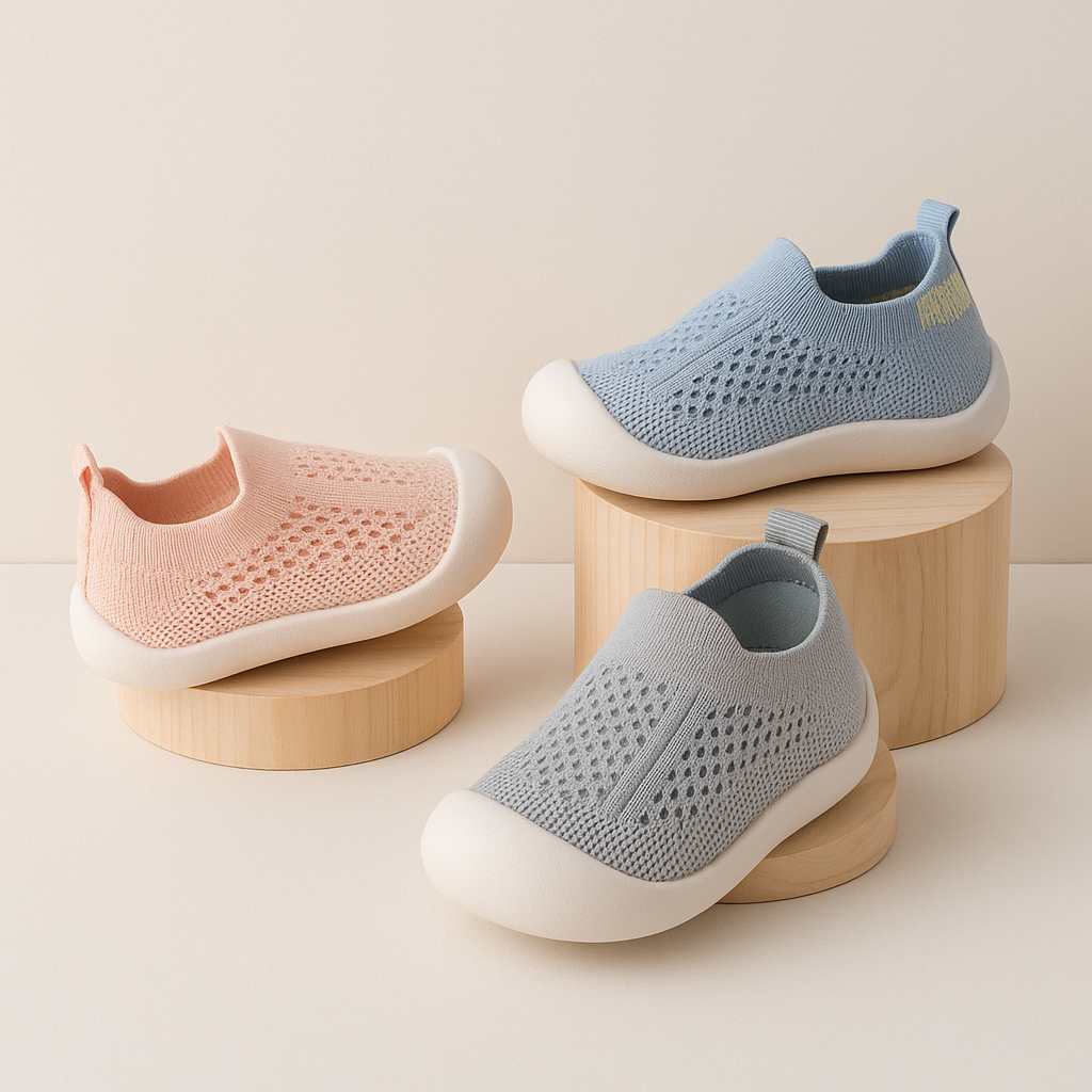 "Färgglada barnsneakers med andningsbart tyg och halksäker sula, perfekt för säkra och bekväma lekupplevelser."