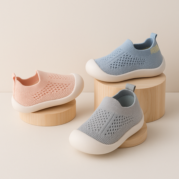 "Färgglada barnsneakers med andningsbart tyg och halksäker sula, perfekt för säkra och bekväma lekupplevelser."