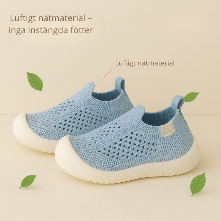 "Färgglada barnsneakers med andningsbart tyg och halksäker sula, perfekt för säkra och bekväma lekupplevelser."