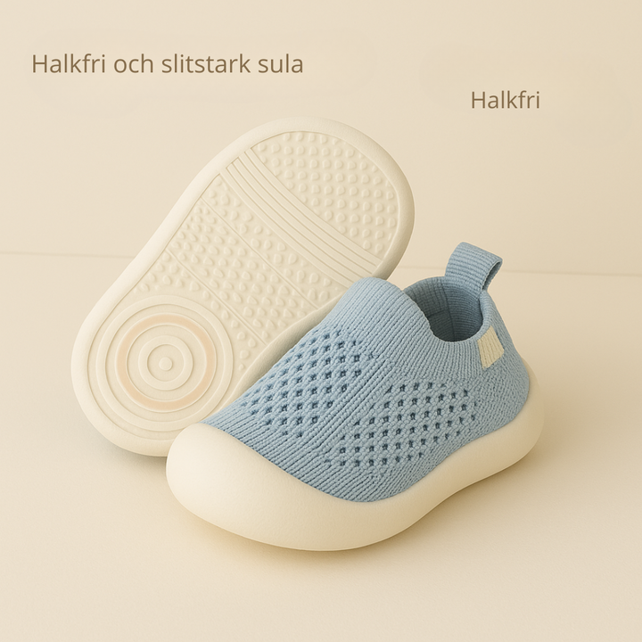"Färgglada barnsneakers med andningsbart tyg och halksäker sula, perfekt för säkra och bekväma lekupplevelser."