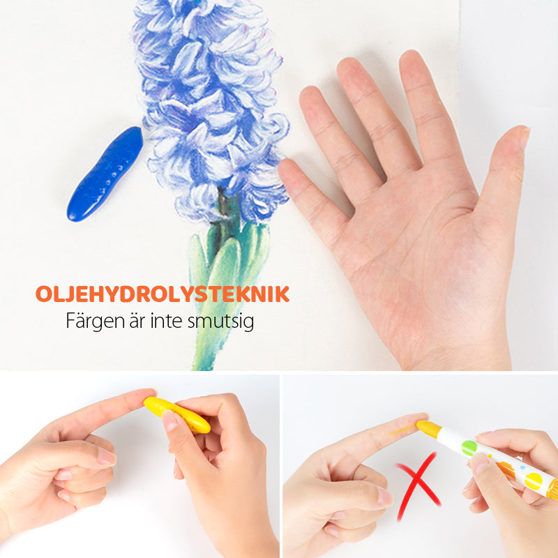 "Färgglada, jordnötsformade kritor för barn, giftfria och tvättbara, perfekt för små händer och kreativt skapande."