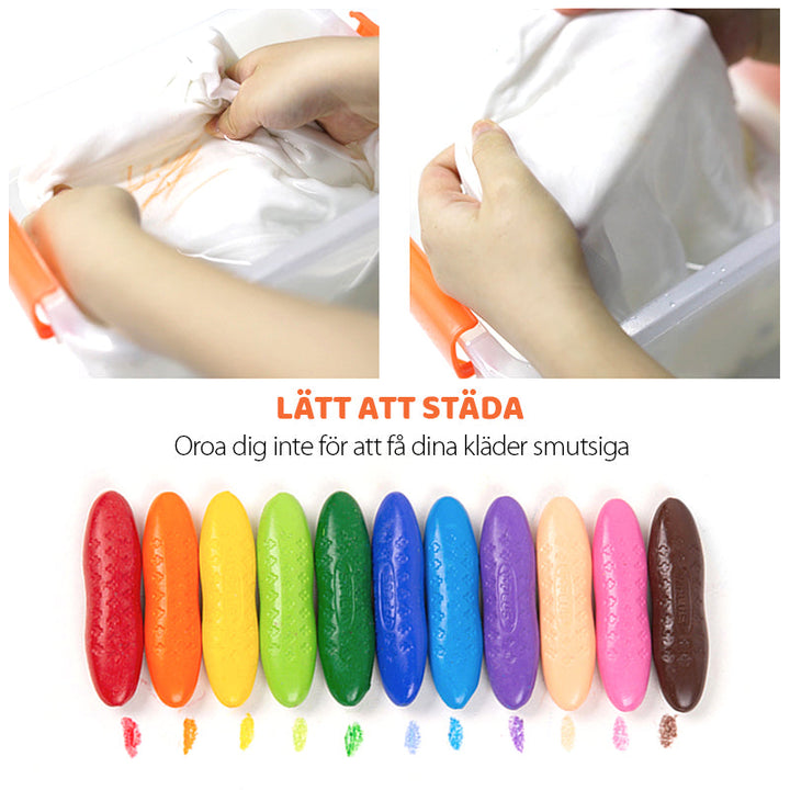 "Färgglada, jordnötsformade kritor för barn, giftfria och tvättbara, perfekt för små händer och kreativt skapande."