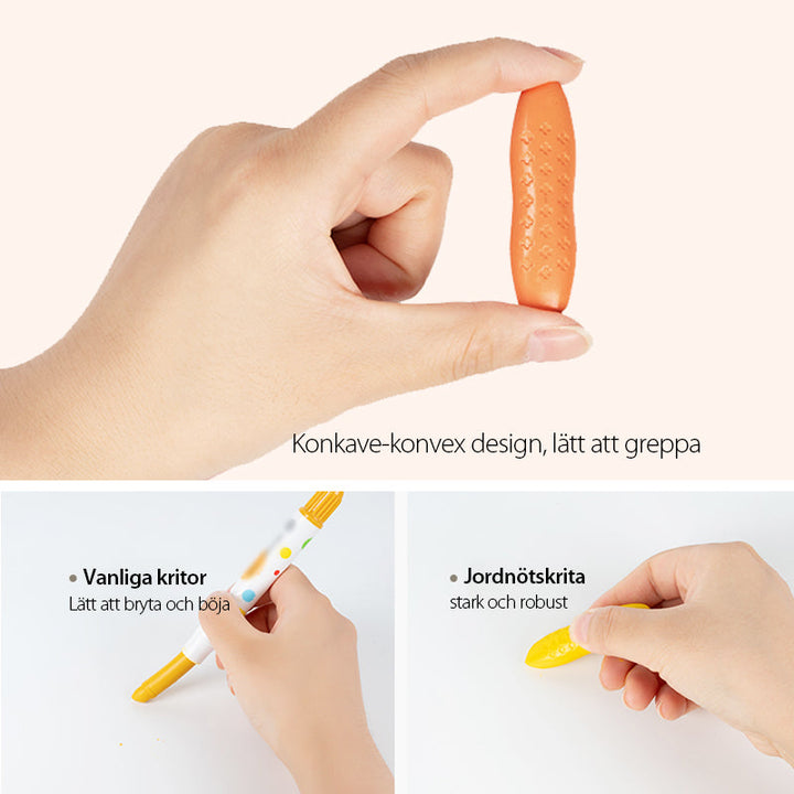 "Färgglada, jordnötsformade kritor för barn, giftfria och tvättbara, perfekt för små händer och kreativt skapande."