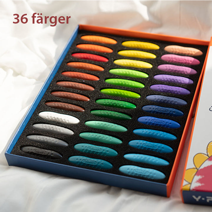 "Färgglada, jordnötsformade kritor för barn, giftfria och tvättbara, perfekt för små händer och kreativt skapande."