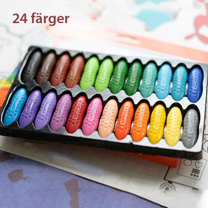 "Färgglada, jordnötsformade kritor för barn, giftfria och tvättbara, perfekt för små händer och kreativt skapande."