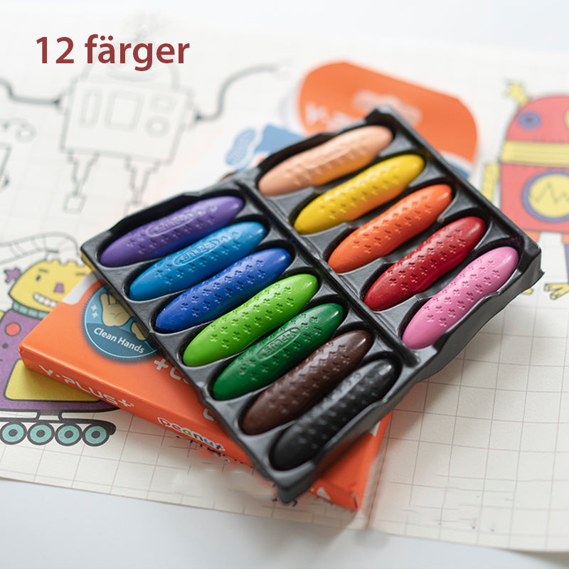 "Färgglada, jordnötsformade kritor för barn, giftfria och tvättbara, perfekt för små händer och kreativt skapande."