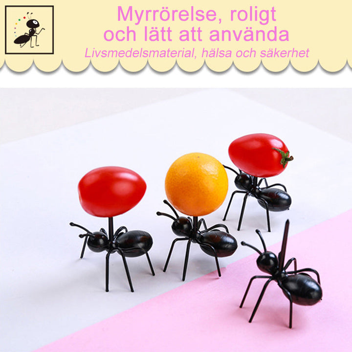 "Färgglada myraformade fruktgafflar i BPA-fri plast, kökstillbehör för en rolig och unik presentation vid matbordet."