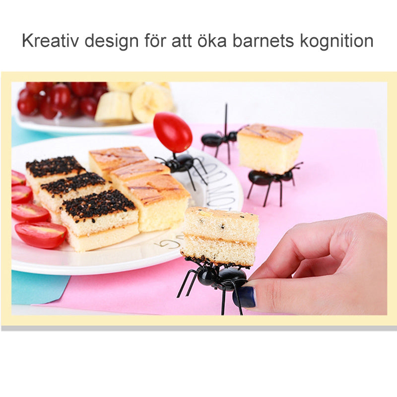 "Färgglada myraformade fruktgafflar i BPA-fri plast, kökstillbehör för en rolig och unik presentation vid matbordet."