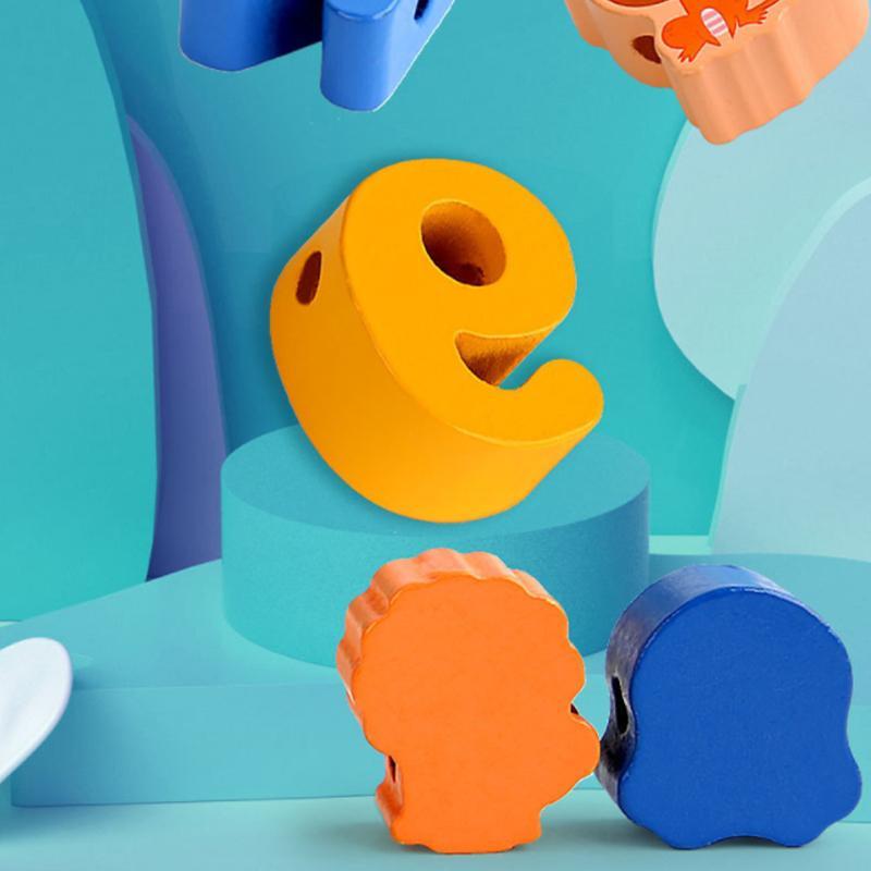 "Färgglada pedagogiska trä snörpärlor för barn, utvecklar motoriska färdigheter, lär om djur, frukt och siffror."