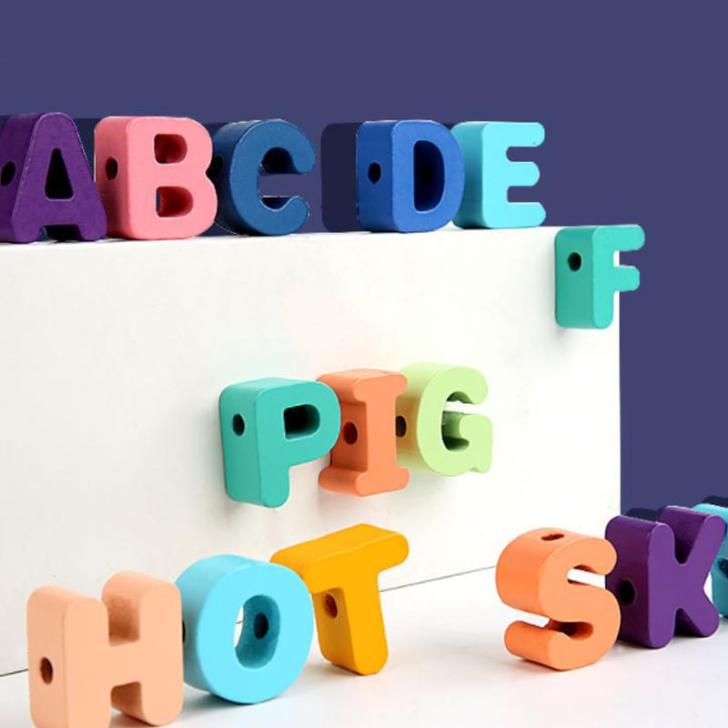 "Färgglada pedagogiska trä snörpärlor för barn, utvecklar motoriska färdigheter, lär om djur, frukt och siffror."