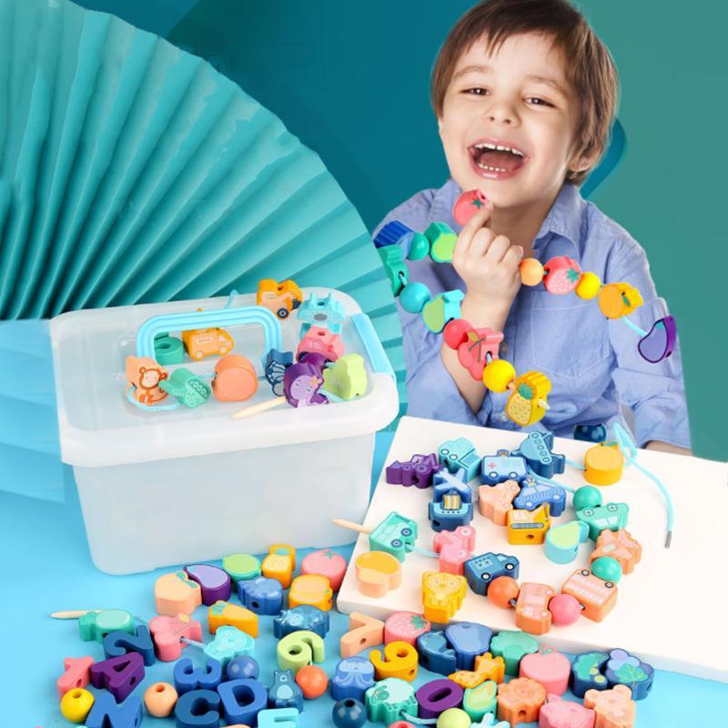 "Färgglada pedagogiska trä snörpärlor för barn, utvecklar motoriska färdigheter, lär om djur, frukt och siffror."