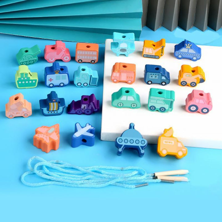 "Färgglada pedagogiska trä snörpärlor för barn, utvecklar motoriska färdigheter, lär om djur, frukt och siffror."