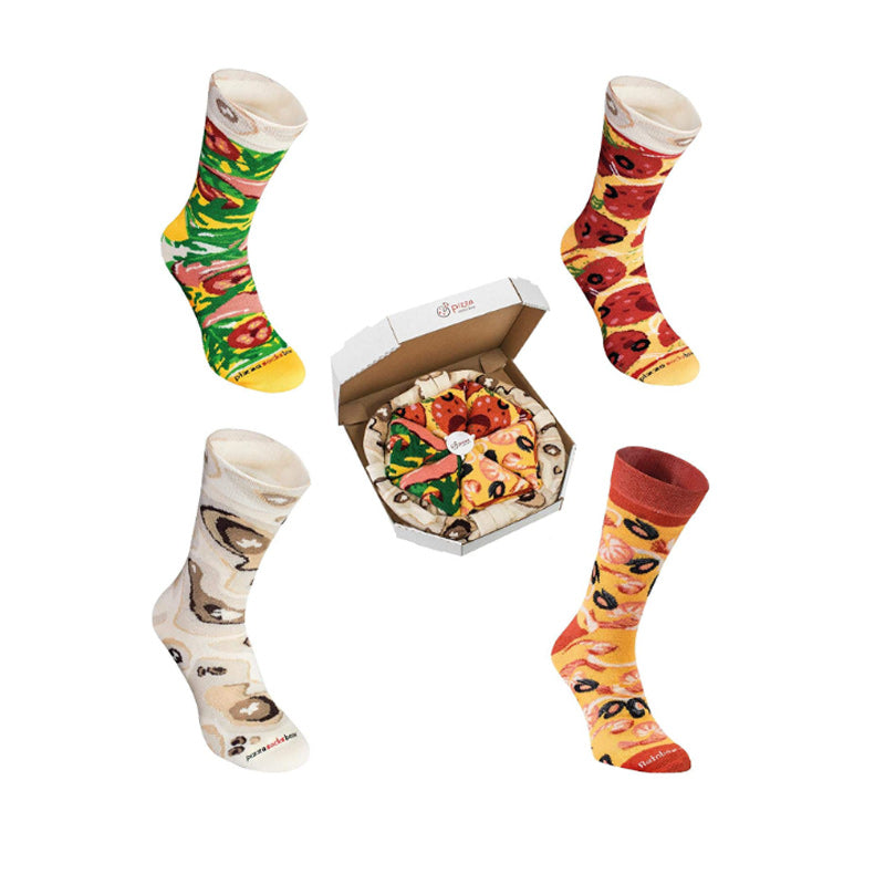 "Färgglada pizza-strumpor, 4-pack, i kreativ pizzakartong för vuxna. Accessoar för lekfull stil och personlig uttryck."