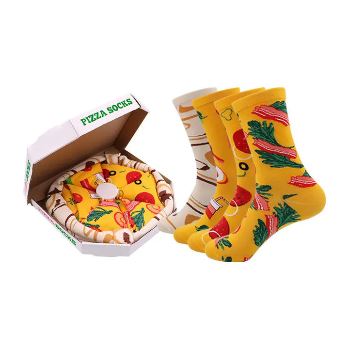 "Färgglada pizza-strumpor, 4-pack, i kreativ pizzakartong för vuxna. Accessoar för lekfull stil och personlig uttryck."