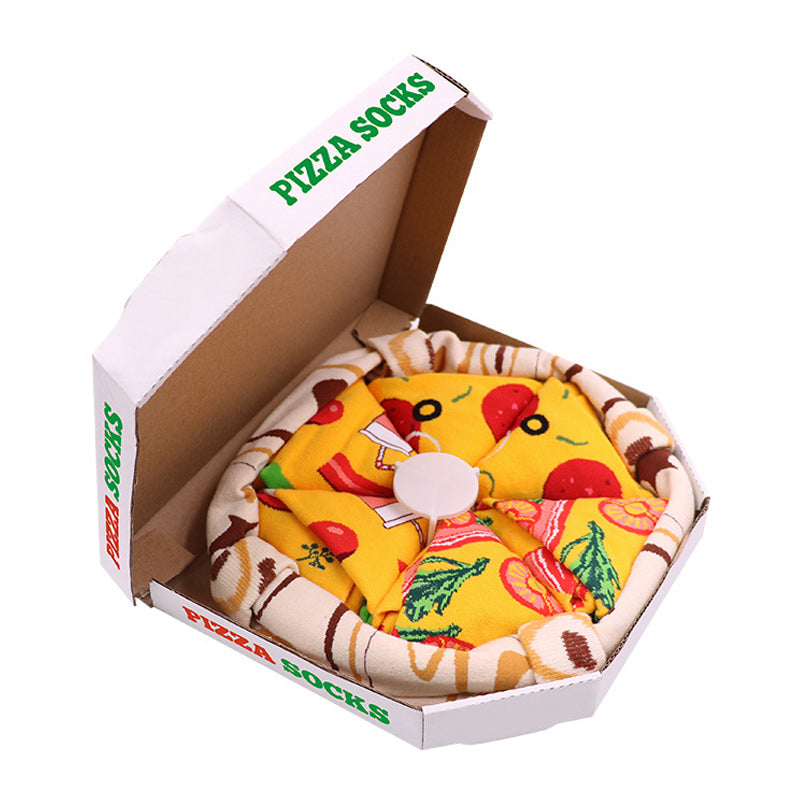 "Färgglada pizza-strumpor, 4-pack, i kreativ pizzakartong för vuxna. Accessoar för lekfull stil och personlig uttryck."