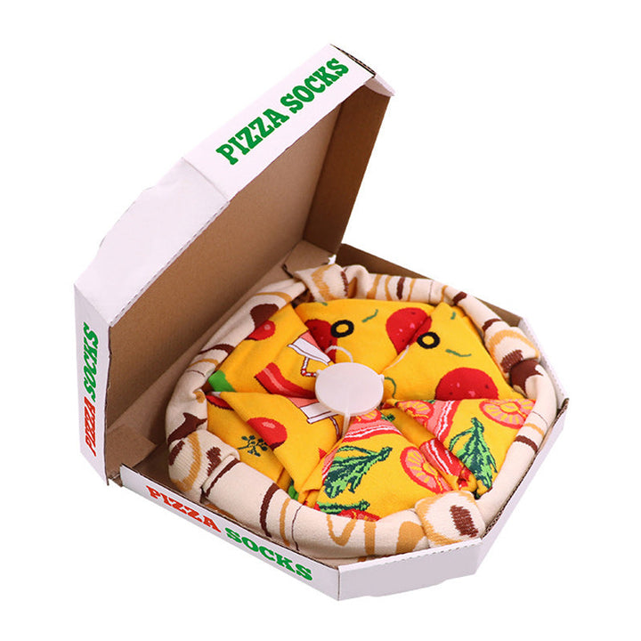 "Färgglada pizza-strumpor, 4-pack, i kreativ pizzakartong för vuxna. Accessoar för lekfull stil och personlig uttryck."