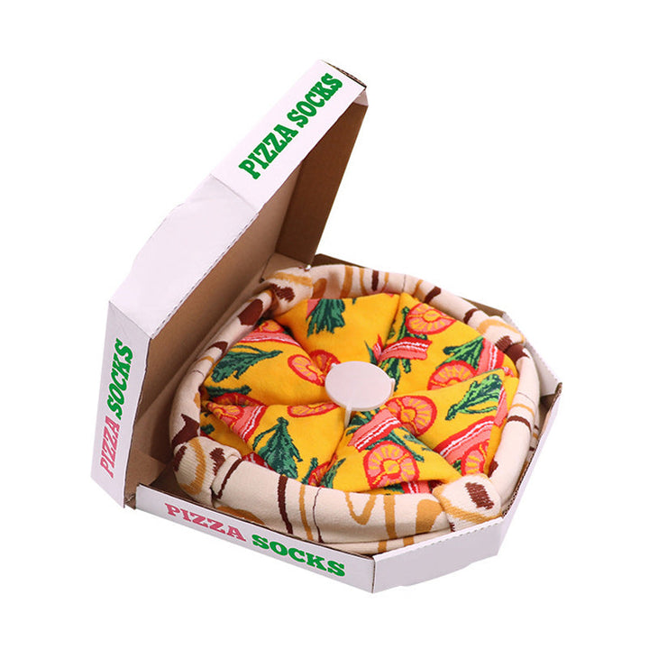 "Färgglada pizza-strumpor, 4-pack, i kreativ pizzakartong för vuxna. Accessoar för lekfull stil och personlig uttryck."
