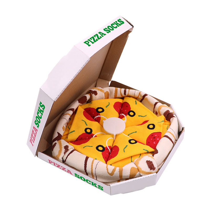 "Färgglada pizza-strumpor, 4-pack, i kreativ pizzakartong för vuxna. Accessoar för lekfull stil och personlig uttryck."