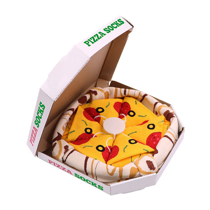 "Färgglada pizza-strumpor, 4-pack, i kreativ pizzakartong för vuxna. Accessoar för lekfull stil och personlig uttryck."