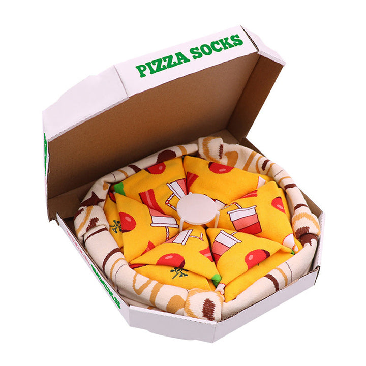 "Färgglada pizza-strumpor, 4-pack, i kreativ pizzakartong för vuxna. Accessoar för lekfull stil och personlig uttryck."