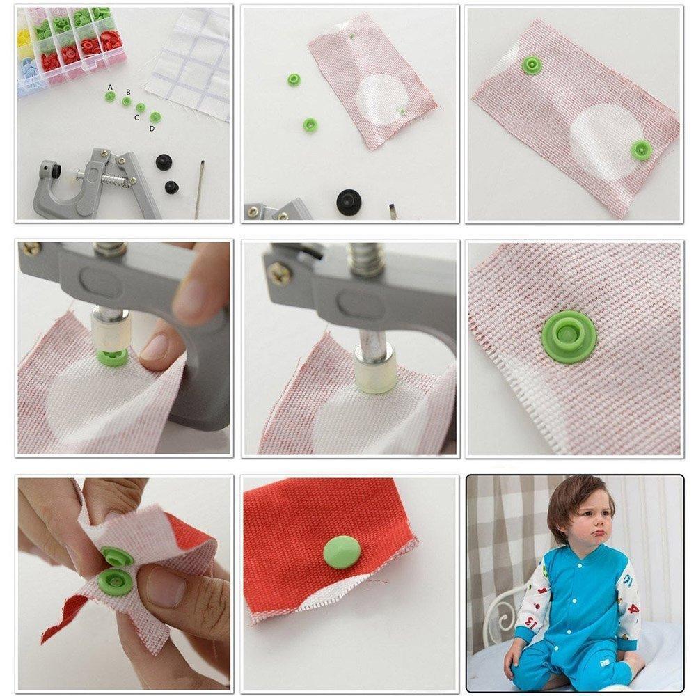 "Färgglada plasttryckknappar i DIY-paket med tång och tillbehör för hantverksprojekt, perfekt för kläder och hem."