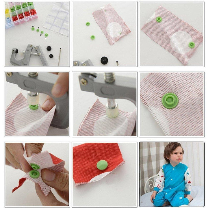 "Färgglada plasttryckknappar i DIY-paket med tång och tillbehör för hantverksprojekt, perfekt för kläder och hem."