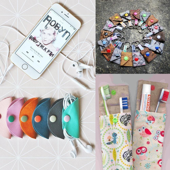 "Färgglada plasttryckknappar i DIY-paket med tång och tillbehör för hantverksprojekt, perfekt för kläder och hem."