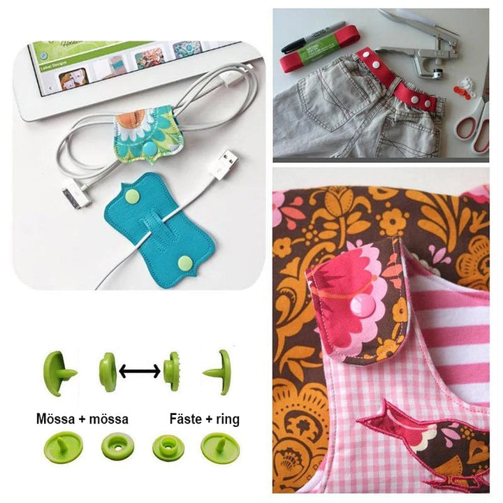 "Färgglada plasttryckknappar i DIY-paket med tång och tillbehör för hantverksprojekt, perfekt för kläder och hem."
