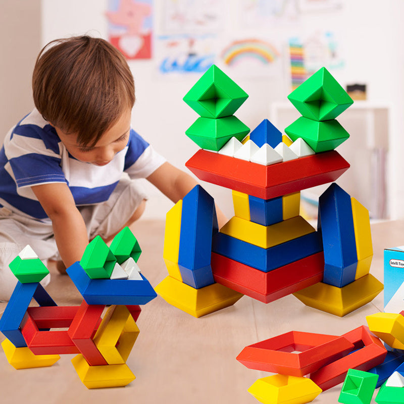 Färgglada pyramide stapelblock i ABS-plast för barn, främjar kreativitet och finmotorik, säkra med rundade hörn.