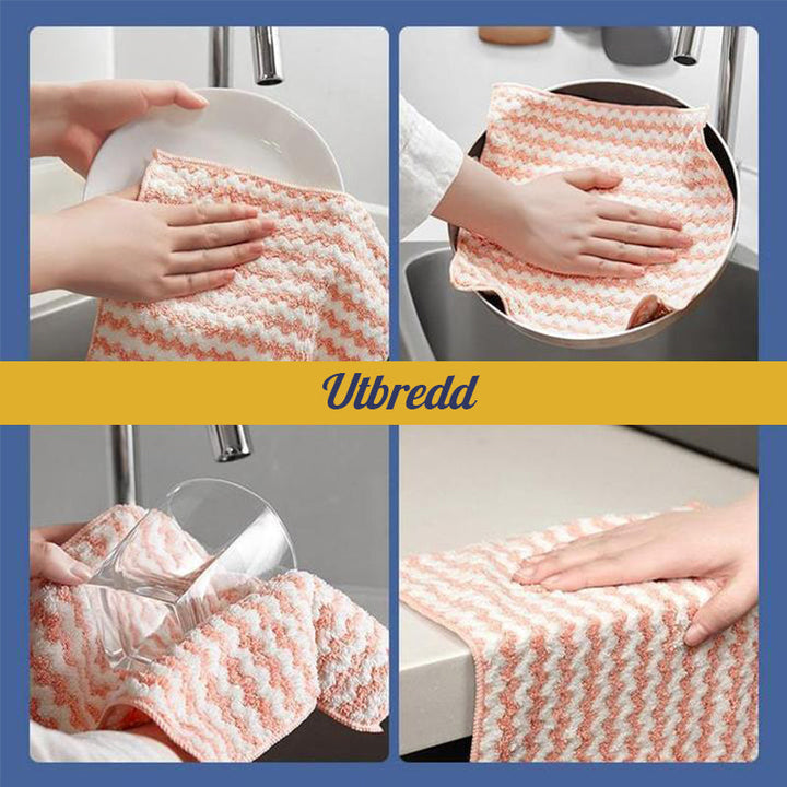 "Färgglada superabsorberande mikrofiberdukar för köket, 3-pack, i blå, grön och rosa. Hållbara och icke-repande."