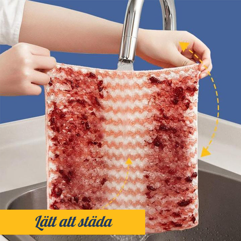 "Färgglada superabsorberande mikrofiberdukar för köket, 3-pack, i blå, grön och rosa. Hållbara och icke-repande."