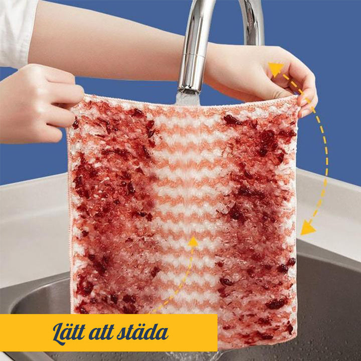 "Färgglada superabsorberande mikrofiberdukar för köket, 3-pack, i blå, grön och rosa. Hållbara och icke-repande."