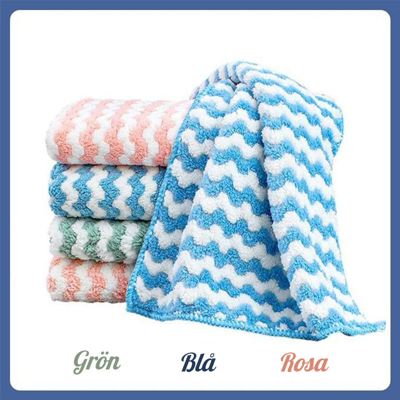 "Färgglada superabsorberande mikrofiberdukar för köket, 3-pack, i blå, grön och rosa. Hållbara och icke-repande."