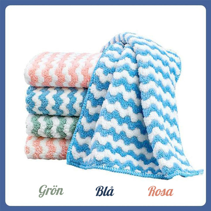 "Färgglada superabsorberande mikrofiberdukar för köket, 3-pack, i blå, grön och rosa. Hållbara och icke-repande."