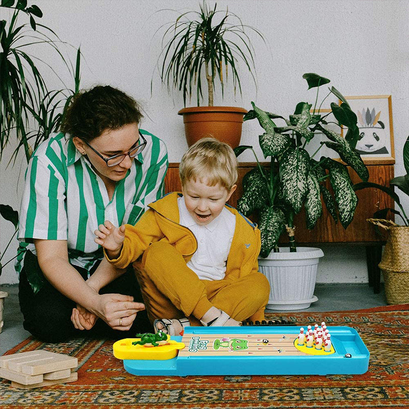 "Färgglatt bowlinggroda leksakspel för barn, med groddesign och ljusa färger, främjar lärande och lekglädje."