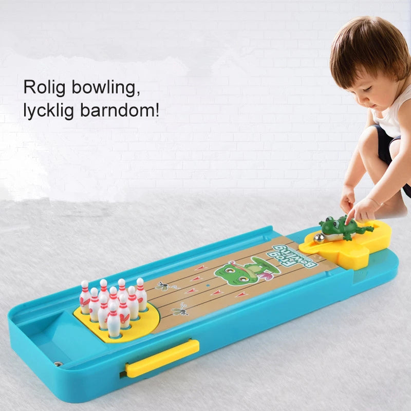 "Färgglatt bowlinggroda leksakspel för barn, med groddesign och ljusa färger, främjar lärande och lekglädje."