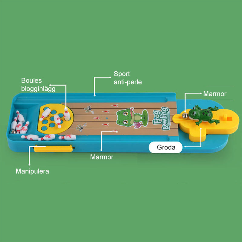 "Färgglatt bowlinggroda leksakspel för barn, med groddesign och ljusa färger, främjar lärande och lekglädje."