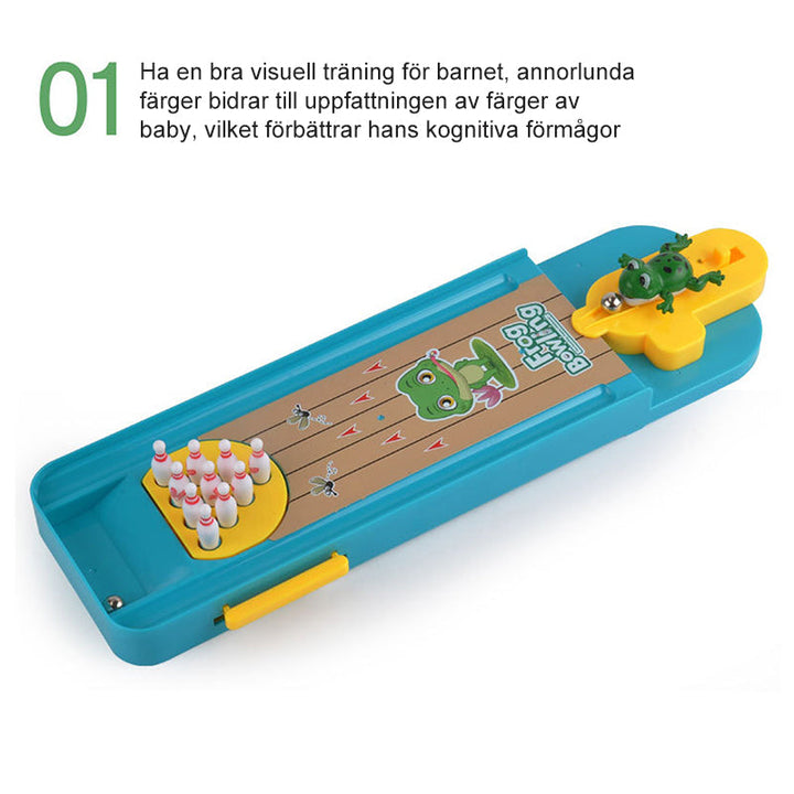 "Färgglatt bowlinggroda leksakspel för barn, med groddesign och ljusa färger, främjar lärande och lekglädje."