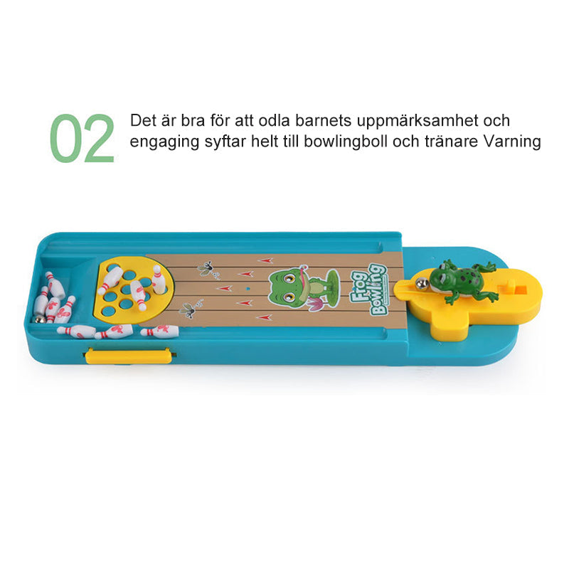 "Färgglatt bowlinggroda leksakspel för barn, med groddesign och ljusa färger, främjar lärande och lekglädje."