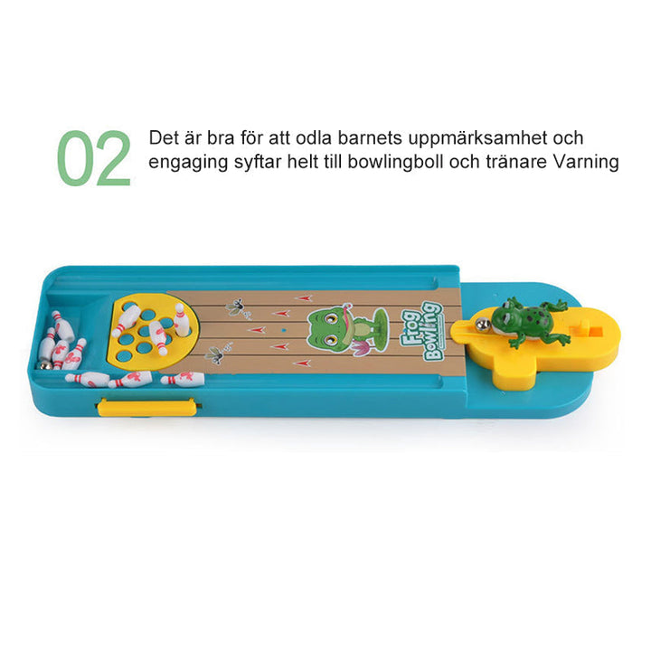 "Färgglatt bowlinggroda leksakspel för barn, med groddesign och ljusa färger, främjar lärande och lekglädje."
