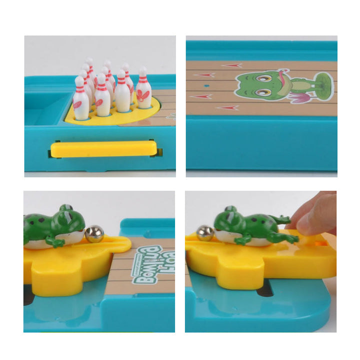 "Färgglatt bowlinggroda leksakspel för barn, med groddesign och ljusa färger, främjar lärande och lekglädje."
