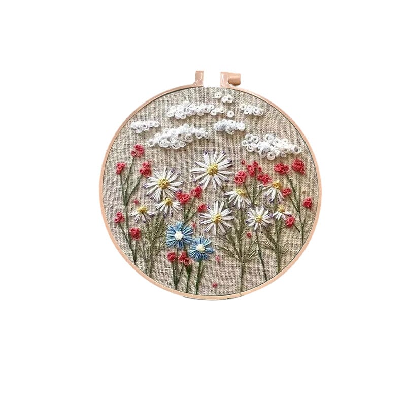 "Färgglatt broderikit för nybörjare med blomstertema, komplett med träram och verktyg för enkel start."
