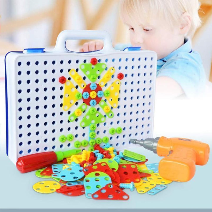 "Färgglatt elektriskt borrpussel leksak med skruvar och bräda för barn, kreativitet och lärande, barnleksaker över 3 år."