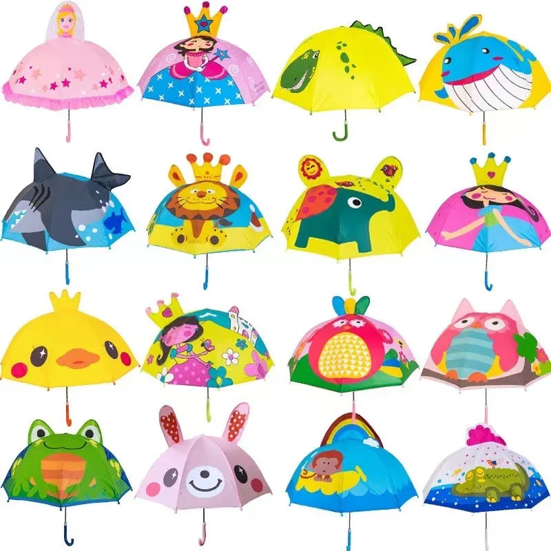 Färgglatt paraply för barn, lätt att hantera med säkra kanter, inspirerar fantasi med mönster av djur och växter.