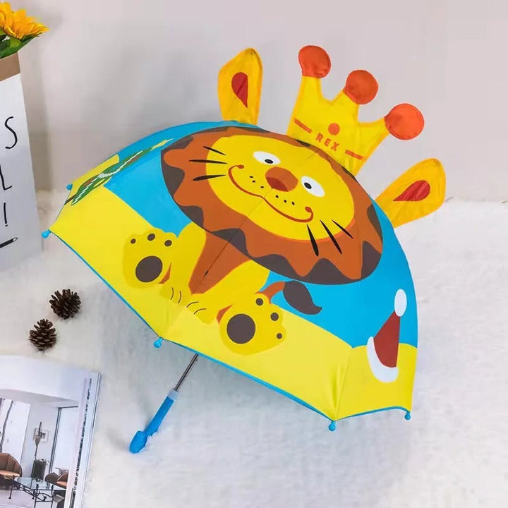 Färgglatt paraply för barn, lätt att hantera med säkra kanter, inspirerar fantasi med mönster av djur och växter.
