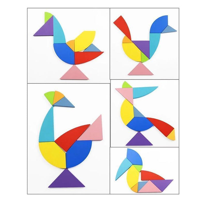 Färgglatt pedagogiskt formpussel med träblock för barn och vuxna, främjar kreativitet och finmotorik.